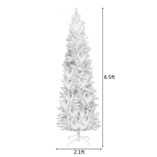 6.5ft Prelit Artificial Slim Christmas Tree 719 Branch Tips Metal Stand Hinged Pencil LED Xmas Tree Christmas Decorations Home Festival Decorations