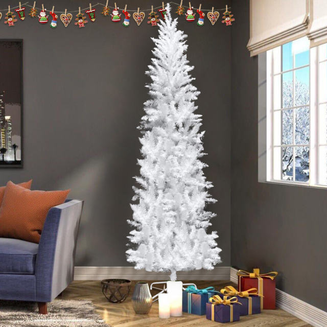 6.5ft Prelit Artificial Slim Christmas Tree 719 Branch Tips Metal Stand Hinged Pencil LED Xmas Tree Christmas Decorations Home Festival Decorations