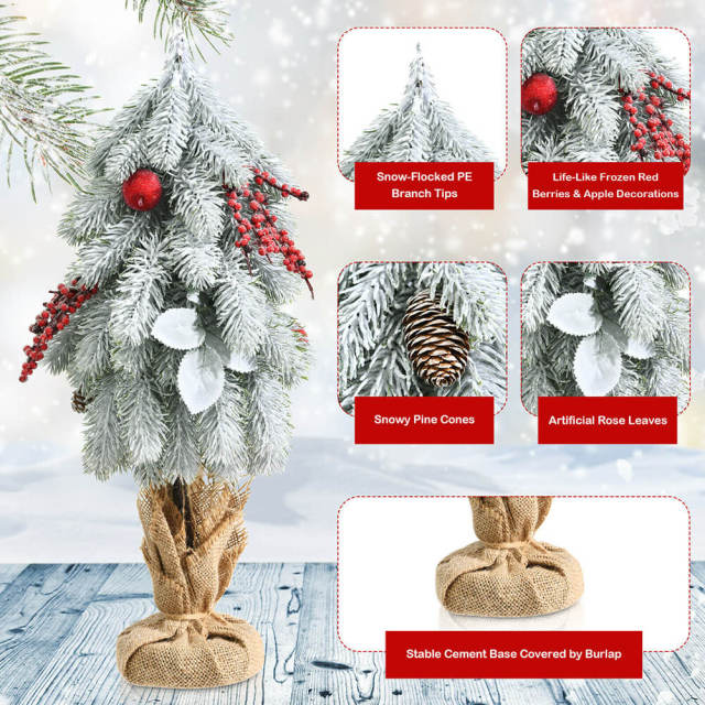 19" Snow Flocked Tabletop Christmas Tree Pine Cones & Red Berrie  Small Mini Tabletop Xmas Tree