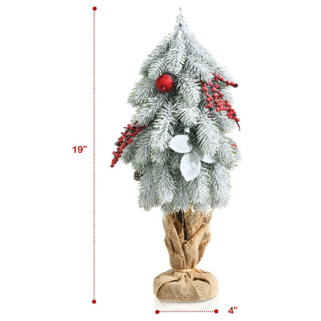 19" Snow Flocked Tabletop Christmas Tree Pine Cones & Red Berrie  Small Mini Tabletop Xmas Tree