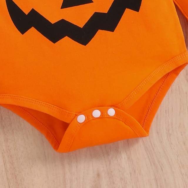 Baby Boys Halloween Pumpkin Print Sets Long Sleeve Romper Suspender Pants Hat