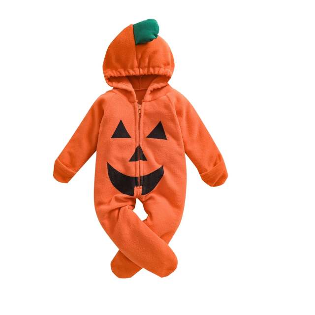 Unisex Baby Halloween Orange Pumpkin Print Long Sleeve Hooded Jumpsuit