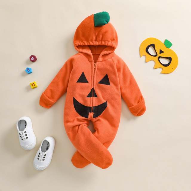 Unisex Baby Halloween Orange Pumpkin Print Long Sleeve Hooded Jumpsuit