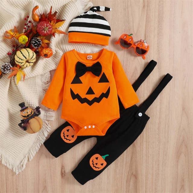 Baby Boys Halloween Pumpkin Print Sets Long Sleeve Romper Suspender Pants Hat