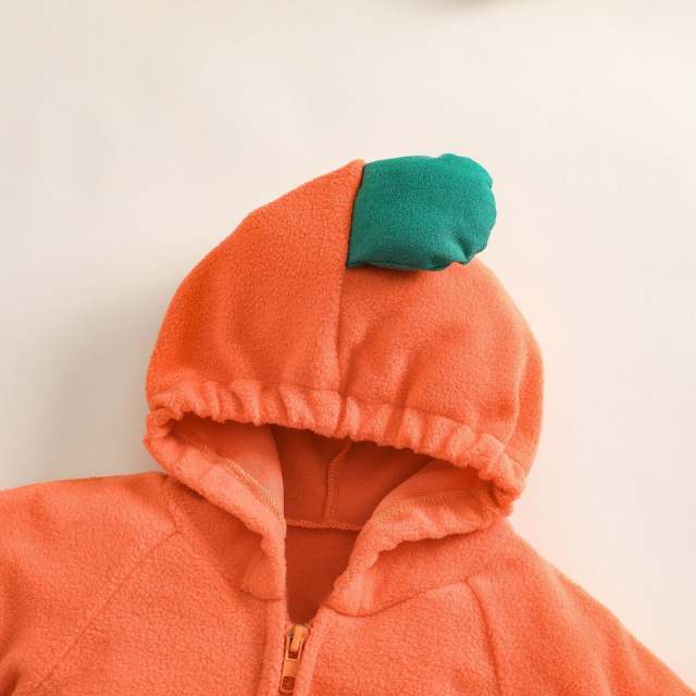 Unisex Baby Halloween Orange Pumpkin Print Long Sleeve Hooded Jumpsuit