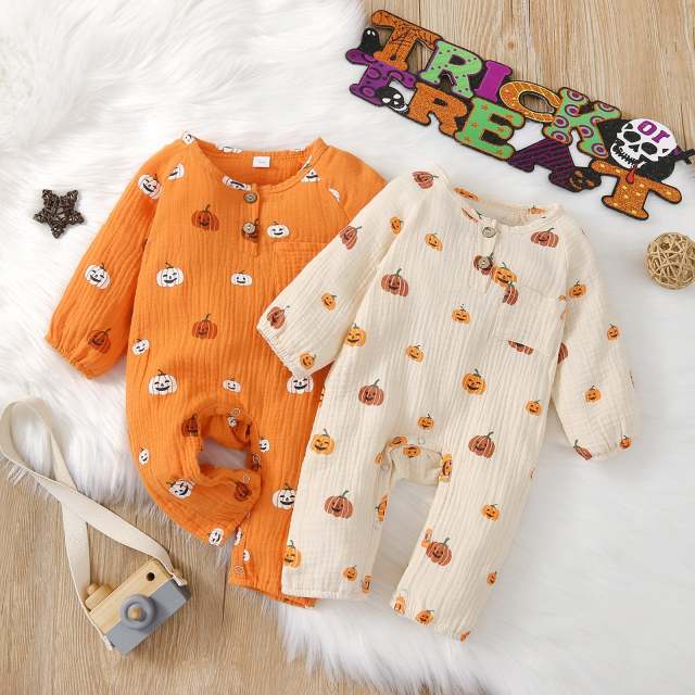 0-18M Baby Boy Girl Halloween Pumpkin Print O-Neck Long Sleeve Jumpsuit