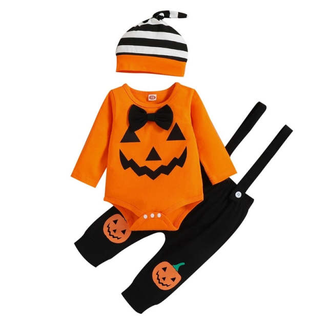 Baby Boys Halloween Pumpkin Print Sets Long Sleeve Romper Suspender Pants Hat