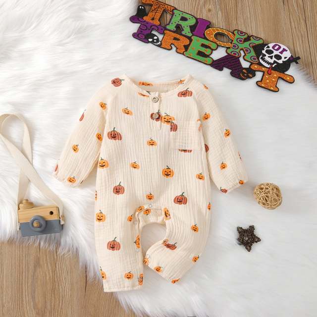0-18M Baby Boy Girl Halloween Pumpkin Print O-Neck Long Sleeve Jumpsuit