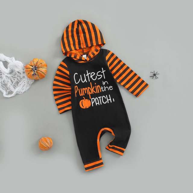 0-18M Infant Baby Girl Boy Halloween Long Sleeve Striepd Hooded Jumpsuit