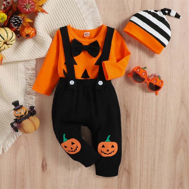 Baby Boys Halloween Pumpkin Print Sets Long Sleeve Romper Suspender Pants Hat