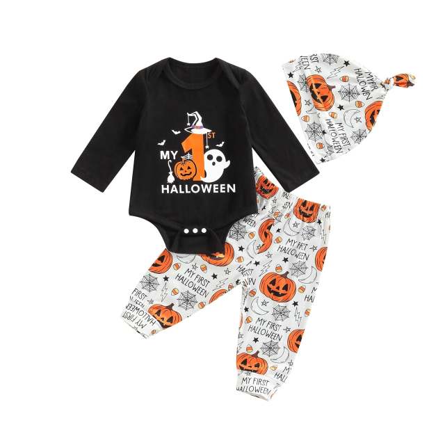 Baby Girls Boys Halloween Romper Pumpkin Printing Long Sleeve Jumpsuits