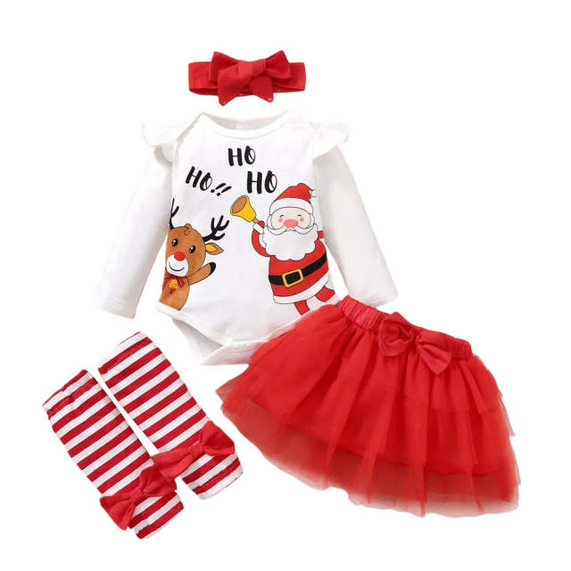 4Pcs Newborn Baby Girl Bodysuit  Cartoon Print Christmas Jumpsuit & Skirt