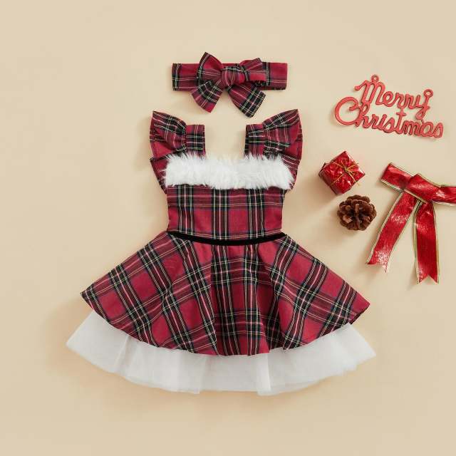 Baby Girls Christmas Outfit Sets Red Plaid Tulle Pleated Dress+Headband