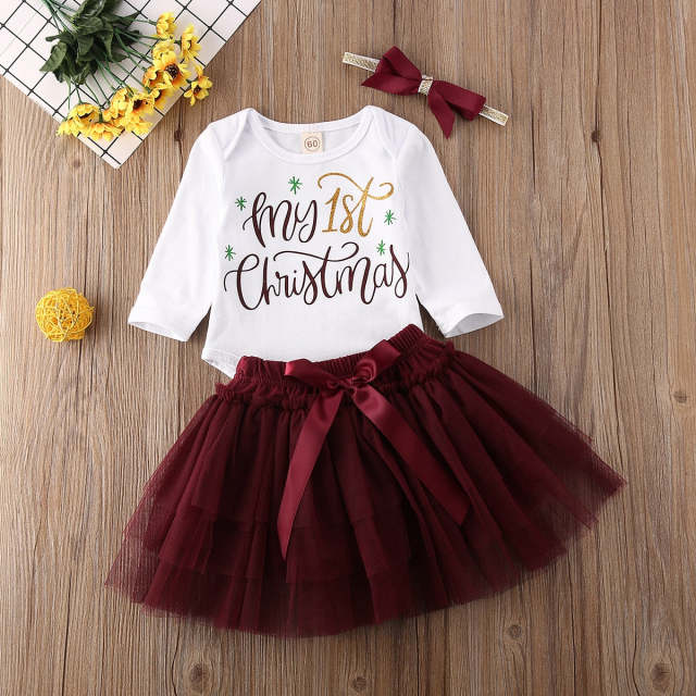 Newborn Baby Girl My First Christmas New Year 3Pcs Long Sleeve Clothes Set