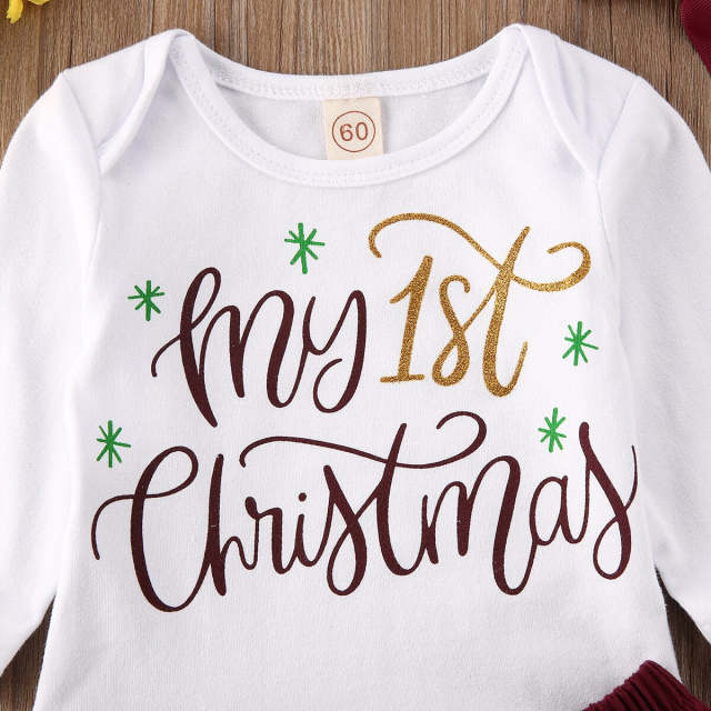 Newborn Baby Girl My First Christmas New Year 3Pcs Long Sleeve Clothes Set