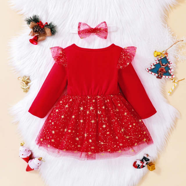Merry Christmas Red Dress For Baby Girl Long Sleeve Tutu Dresses with Headband
