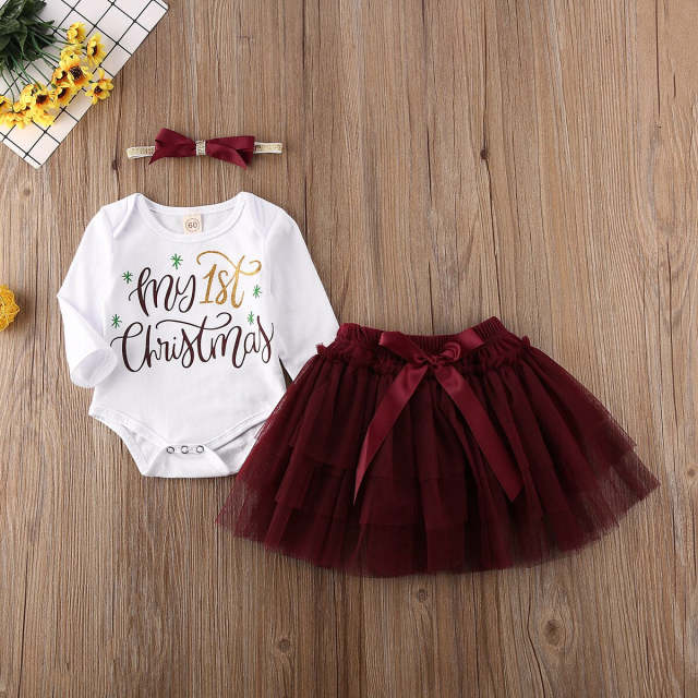 Newborn Baby Girl My First Christmas New Year 3Pcs Long Sleeve Clothes Set
