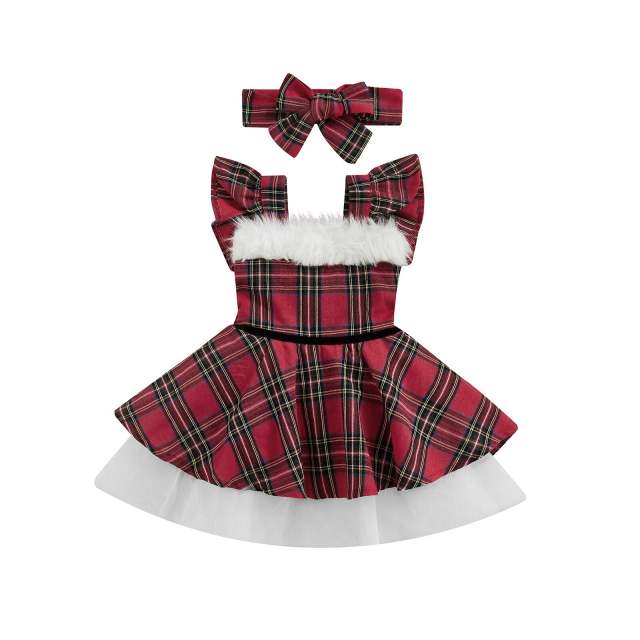 Baby Girls Christmas Outfit Sets Red Plaid Tulle Pleated Dress+Headband