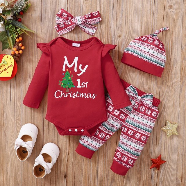 My First Christmas Baby Clothes 4pcs Set Baby Girls Xmas Cotton Outfits