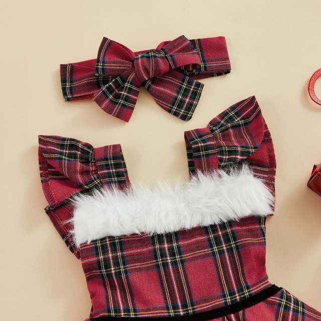 Baby Girls Christmas Outfit Sets Red Plaid Tulle Pleated Dress+Headband