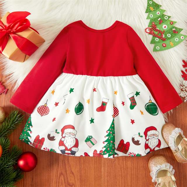 Christmas Baby Dress Newborn Girl Bow Long-sleeve Spliced Xmas Costumes
