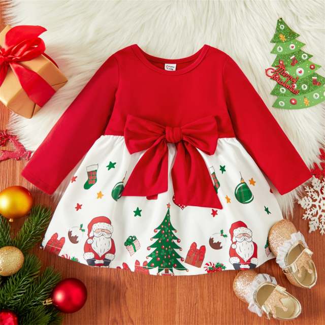 Christmas Baby Dress Newborn Girl Bow Long-sleeve Spliced Xmas Costumes