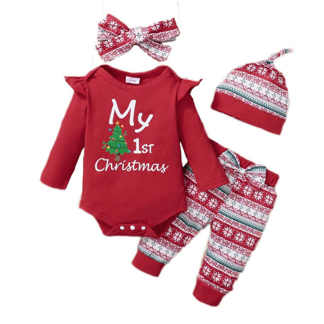 My First Christmas Baby Clothes 4pcs Set Baby Girls Xmas Cotton Outfits