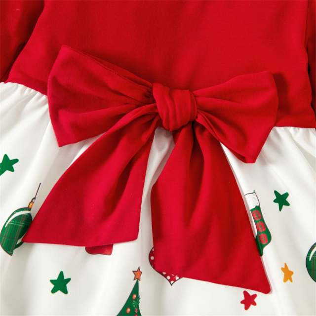 Christmas Baby Dress Newborn Girl Bow Long-sleeve Spliced Xmas Costumes