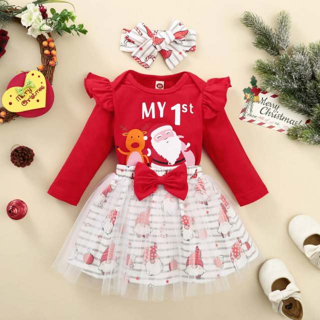 0-18M Infant Girls Christmas Clothes Sets Santa Romper+Tulle Skirts+Headbands