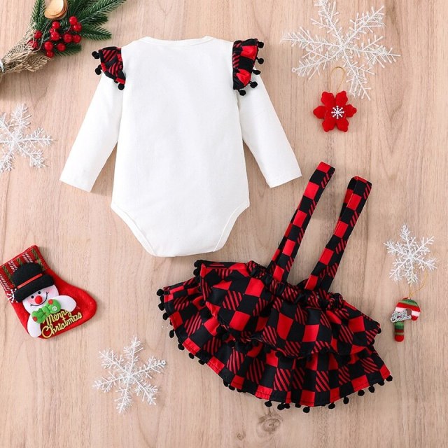Baby Girl Clothes Suit Long Sleeve Printed Christmas Braces Skirt Costume