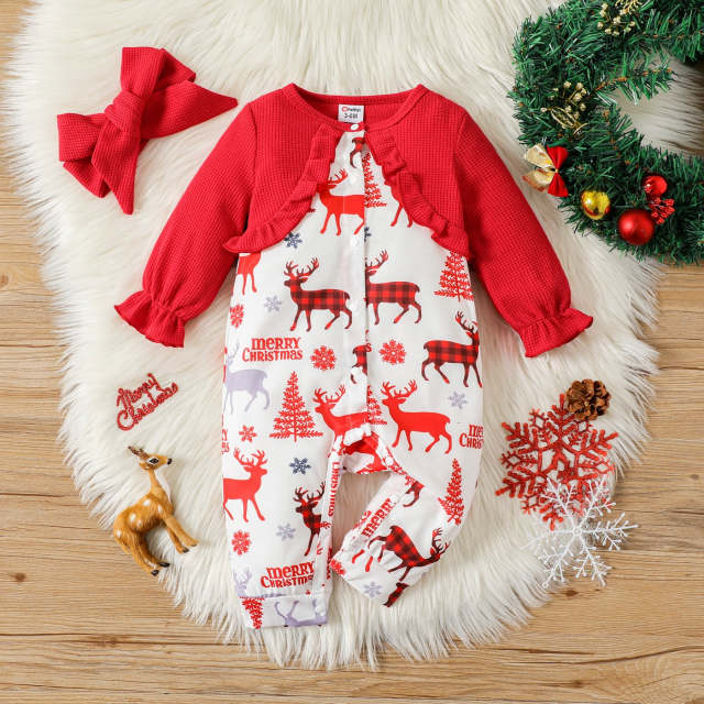 Merry Christmas Baby Girl Waffle Long-sleeve Print Button Jumpsuit with Headband Set
