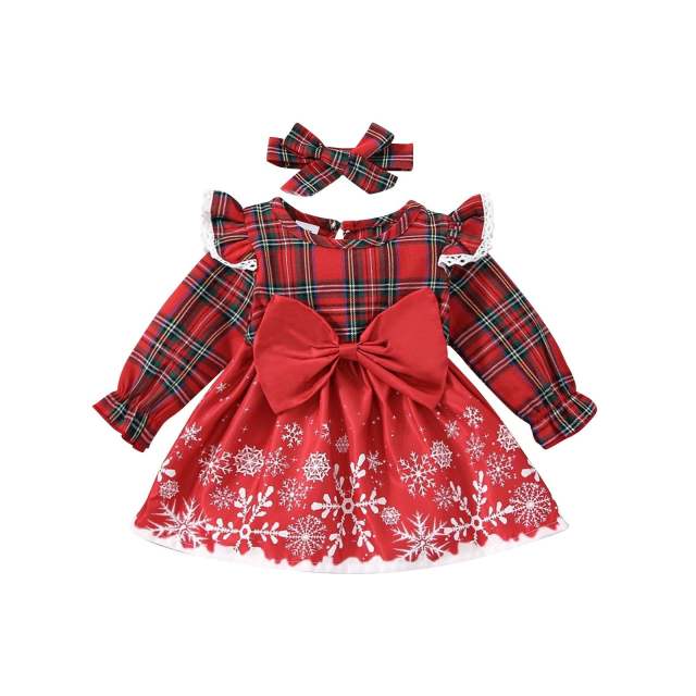 Christmas Red Plaid Ruffle Long-sleeve Dress For Baby Girl with Headband