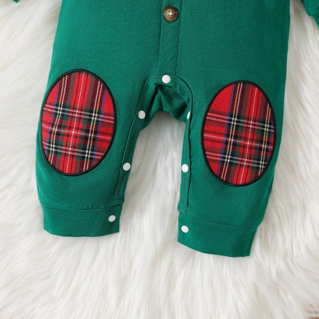 Green Christmas Romper For Baby Boy Cotton Long-sleeve Button Jumpsuit