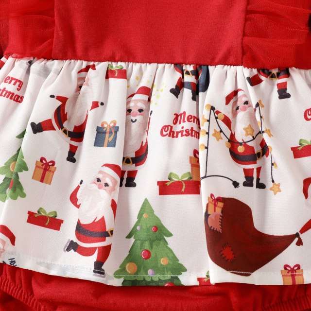 Baby Girl Santa Print Dress Long-sleeve Christmas Jumpsuit with Headband