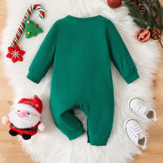 Green Christmas Romper For Baby Boy Cotton Long-sleeve Button Jumpsuit