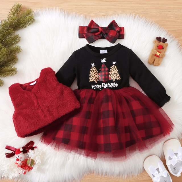 Baby Girl Christmas 3pcs Xmas Long Sleeve Mesh Dress and Fuzzy Vest with Headband Set