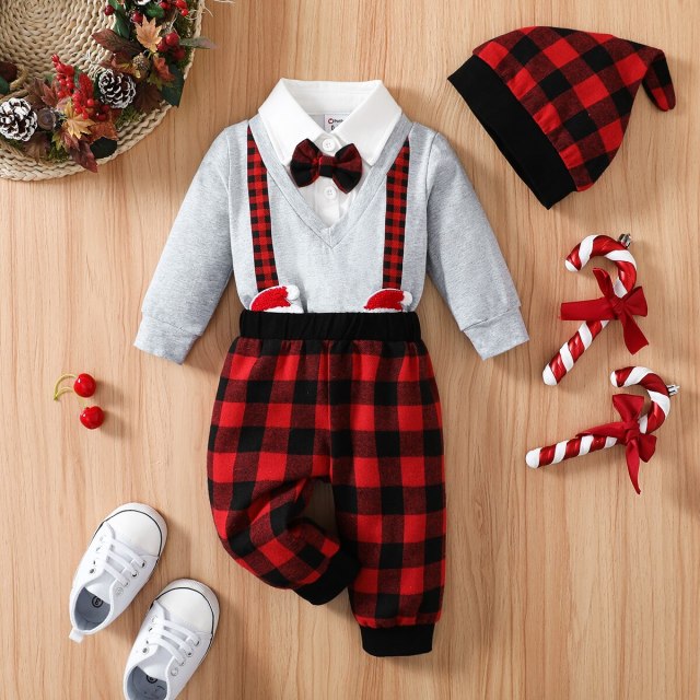 Baby Boy Long-sleeve Santa Romper and Red Plaid Pants with Hat Christmas 3pcs Set