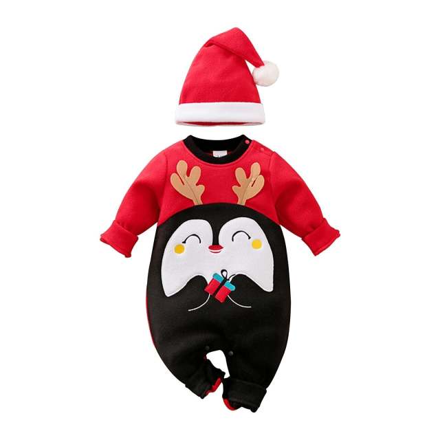 Christmas Set For Baby Boy Girl Romper Penguin Fleece Jumpsuit with Hat