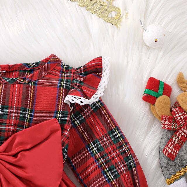 Christmas Red Plaid Ruffle Long-sleeve Dress For Baby Girl with Headband