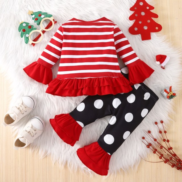 Baby Girl Christmas Set Long-sleeve Santa Top and Dot Flared Pants 2pcs