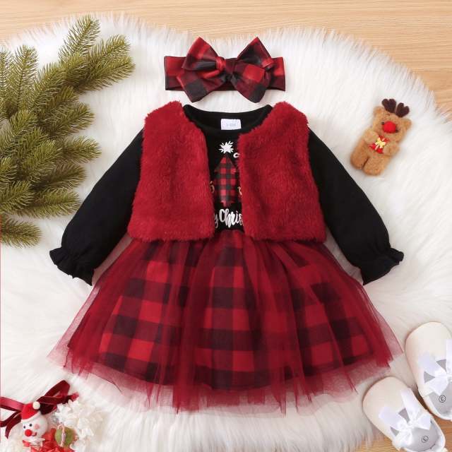 Baby Girl Christmas 3pcs Xmas Long Sleeve Mesh Dress and Fuzzy Vest with Headband Set