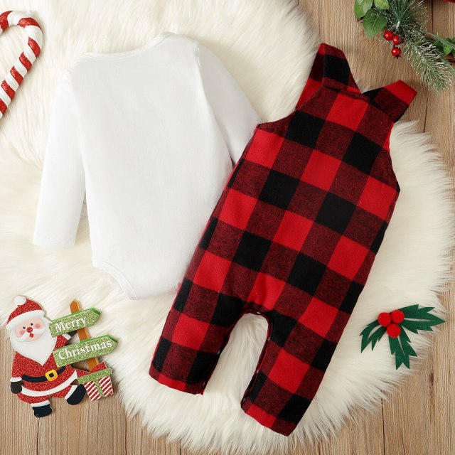 Christmas Santa Baby Boy Girl Long-sleeve Romper and Plaid Overalls Set