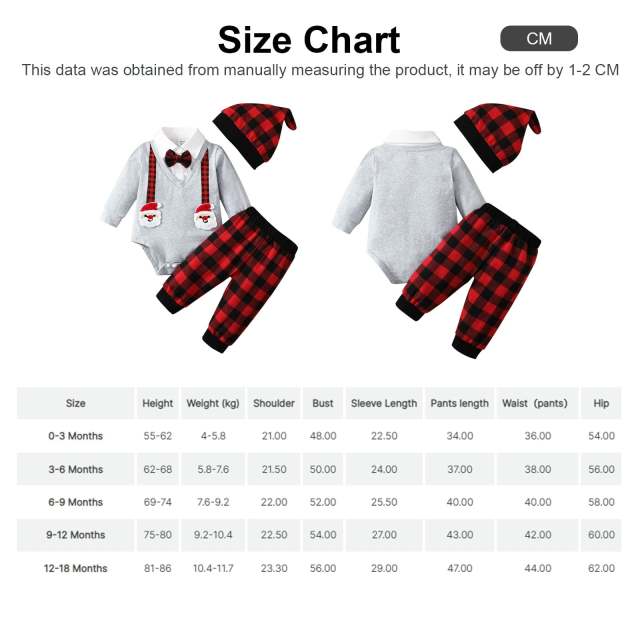 Baby Boy Long-sleeve Santa Romper and Red Plaid Pants with Hat Christmas 3pcs Set