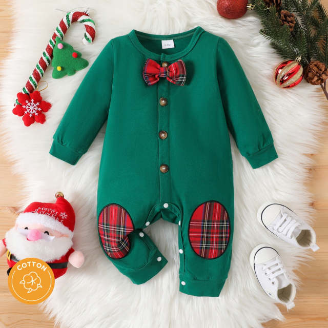 Green Christmas Romper For Baby Boy Cotton Long-sleeve Button Jumpsuit