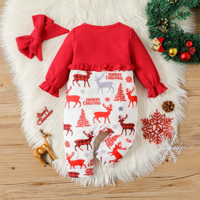 Merry Christmas Baby Girl Waffle Long-sleeve Print Button Jumpsuit with Headband Set