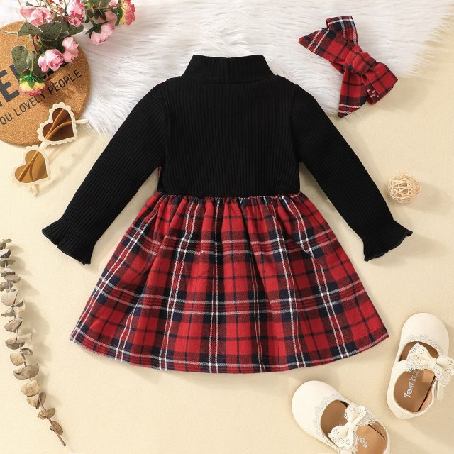 Christmas Baby Girl Knit Long-sleeve Spliced Plaid Dress with Headband