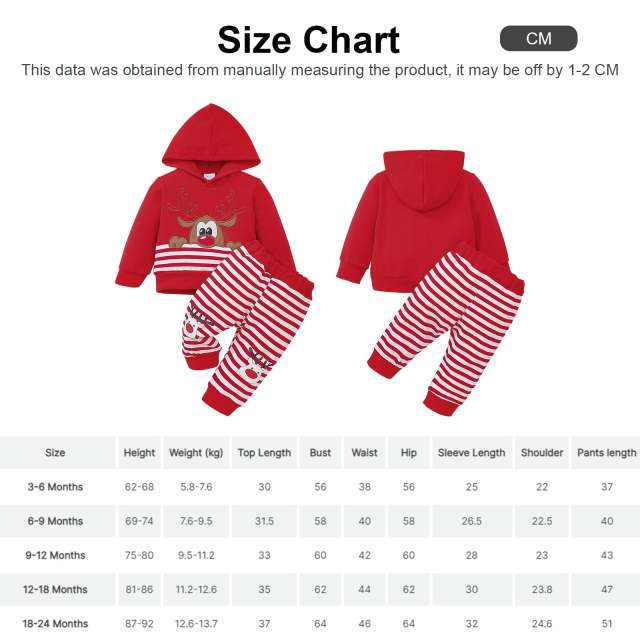 Baby Boy/Girl Deer Embroidered Long-sleeve Hoodie and Striped Sweatpants 2pcs Xmas Set