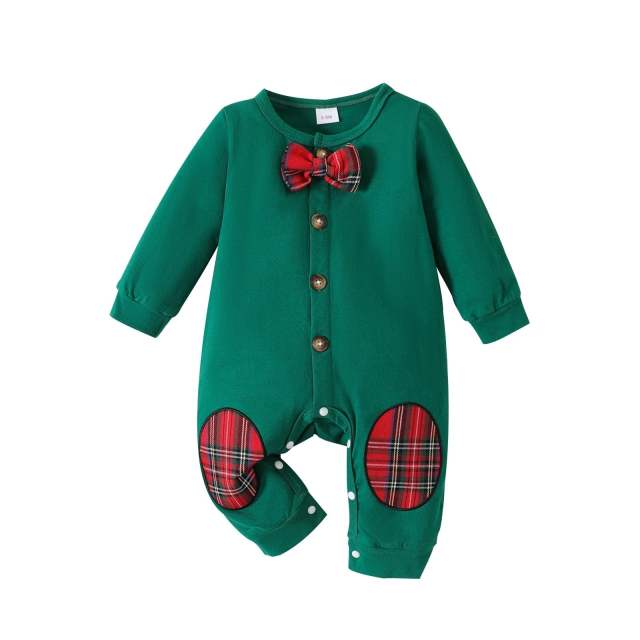 Green Christmas Romper For Baby Boy Cotton Long-sleeve Button Jumpsuit