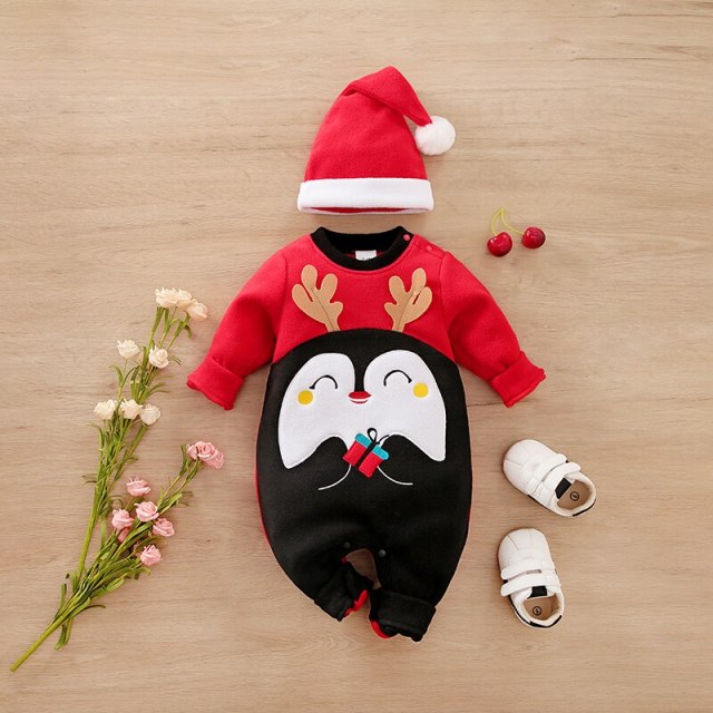 Christmas Set For Baby Boy Girl Romper Penguin Fleece Jumpsuit with Hat