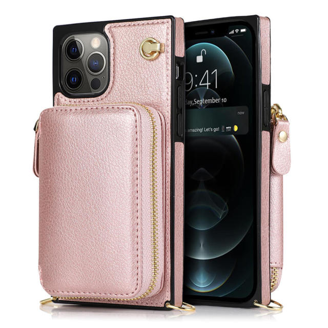 Crossbody Wallet Case Women for iPhone 14 Pro Max,Square Phone Case Credit Card Holder with RFID Blocking, Leather Purse with Strap Lanyard Zipper Kickstand Flip Cover Case